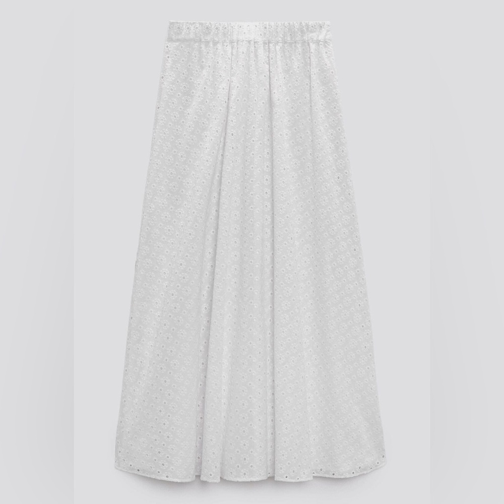 ZARA White Embroidered Eyelet Button Midi Skirt Size S